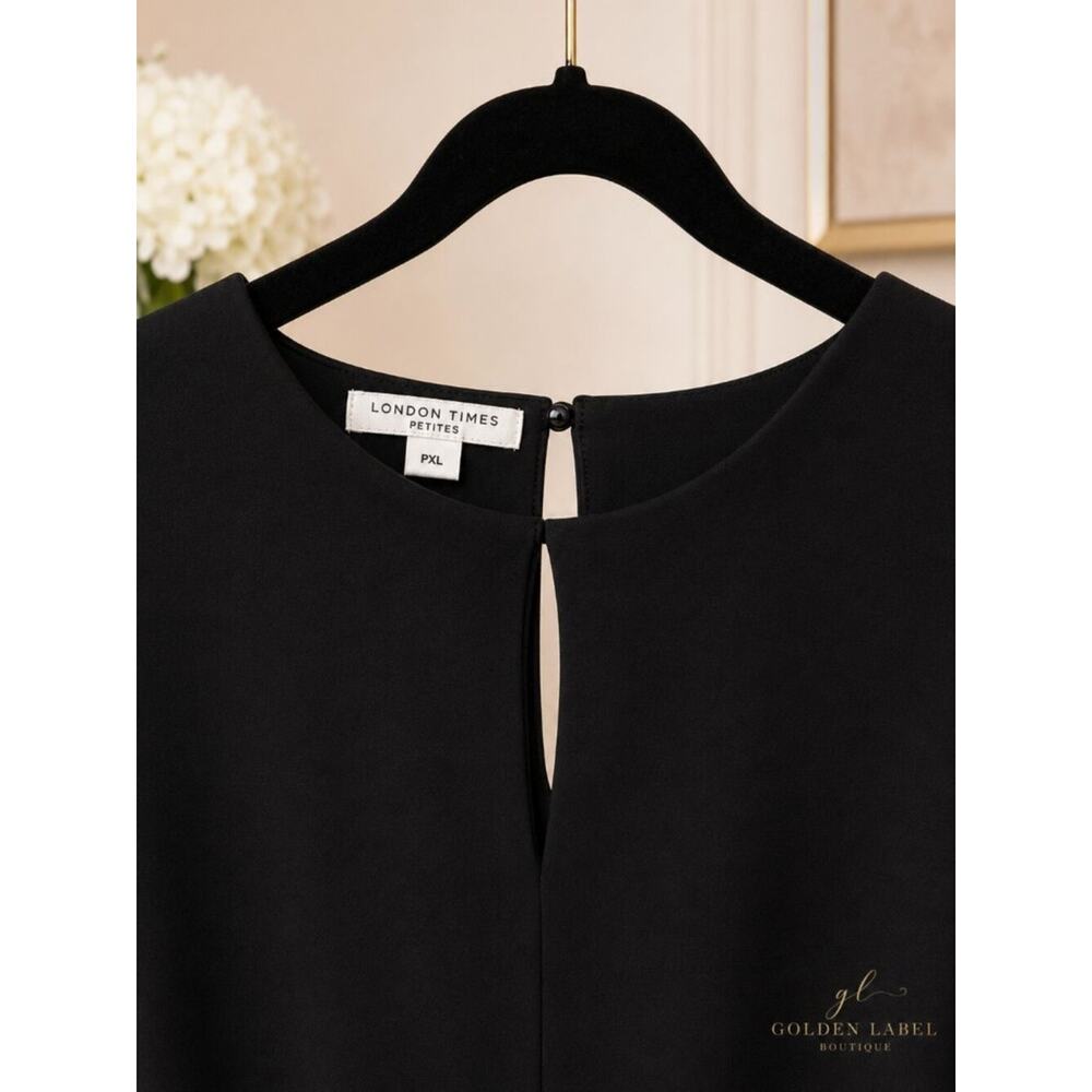 London Times Petite PXL Black Scuba Shift Dress Embroidered Sleeve NWT - Picture 6 of 8